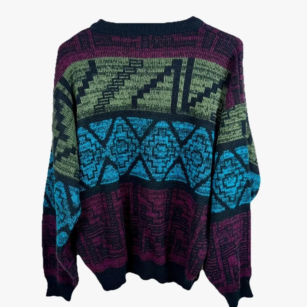 Vintage 90s Sir William Sweater Men L Geometric Southwestern Teal‎ Purple Retro